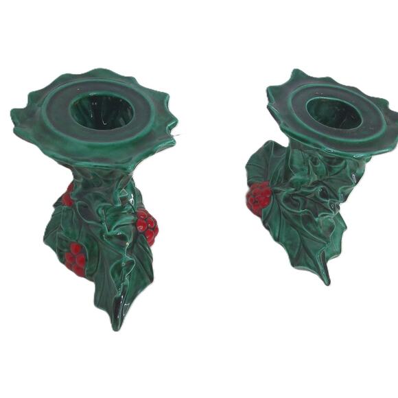 Vintage Ceramic Ivy Berry Christmas Candle Holders Set of 2 READ - Picture 3 of 8